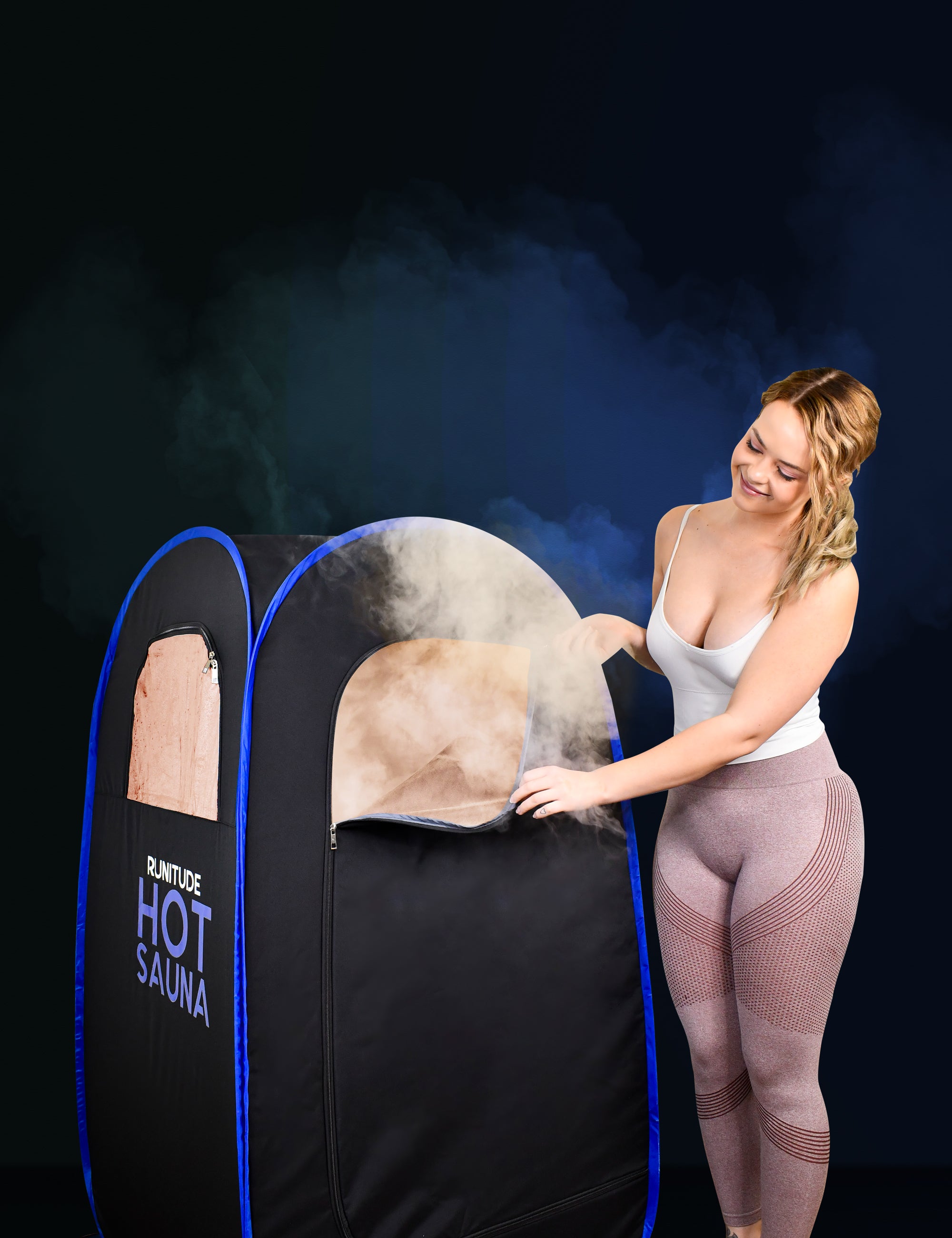 Runitude Portable Sauna Tent with Female model standing outside